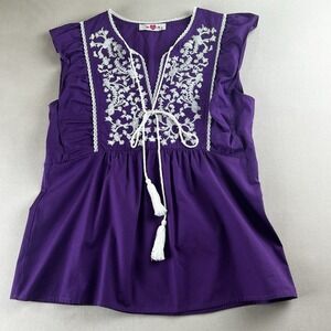 BUDDY LOVE Women's XS Purple Inspired 70's Mexican Oaxacan Embroidered Top